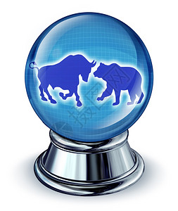 股票市场预测作为一种金融概念带有晶球和公牛反射为未来贸易趋势的象征图片