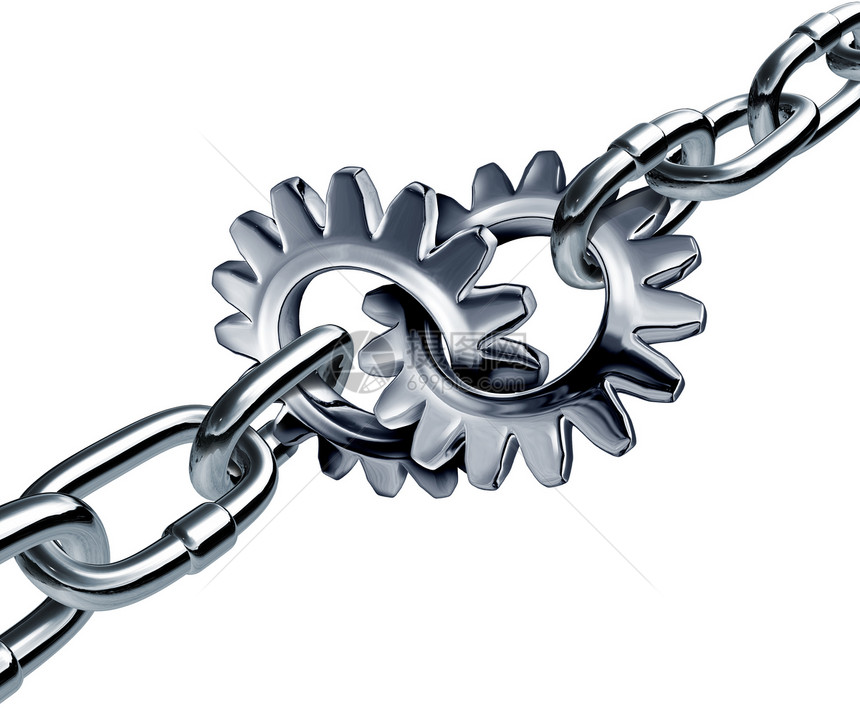 企业团结和队合作由金属链条和两接组成作为连齿轮和的形状作为力量的财务象征并在孤立的白色背景上建立牢固的伙伴关系图片