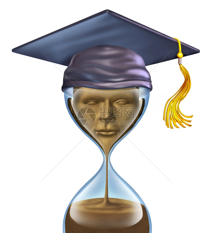 毕业倒计时在一小的玻璃和沙子上加迫击帽形成学生头作为完成大学或业的教育象征图片