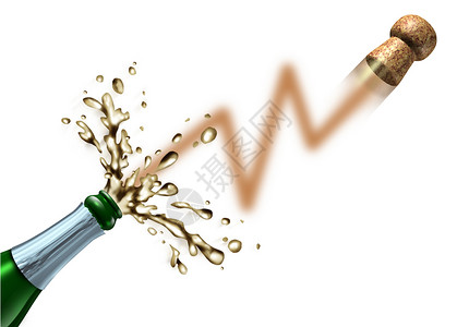 香槟吐司以庆祝新ipo或首次公开募捐的股市图为形状香槟瓶子爆开和炸设计图片