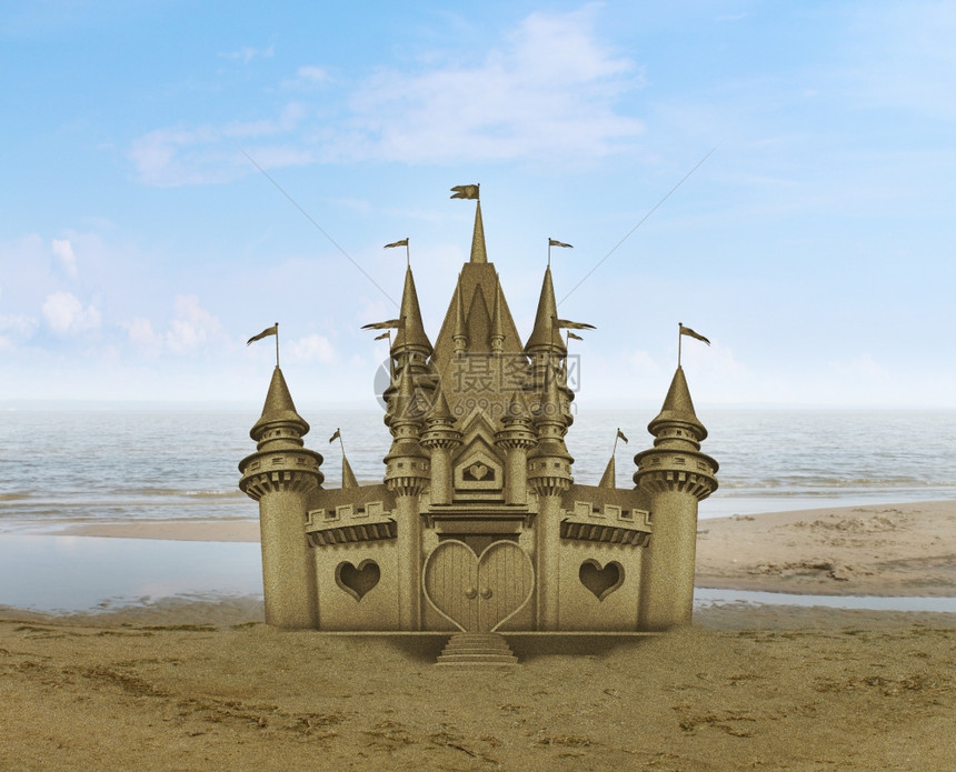 沙堡雕塑艺术在沙滩上以海洋和夏季背景为标志图片