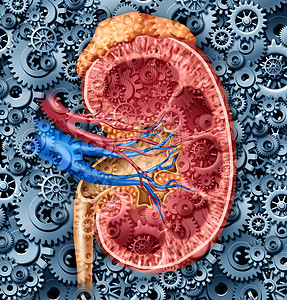 齿轮系统素材人体肾功能医学概念内器官交叉部分红蓝动脉和肾上腺有齿轮和作为尿道系统解剖的保健说明背景