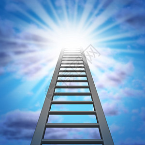 公司阶梯和成功攀登天空和闪发光的芒展示了就业机会和愿望图片