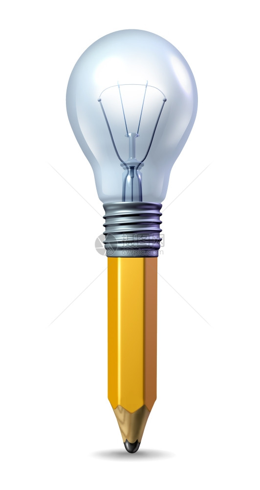 以铅笔和灯泡作为创意新的象征作为艺术有才华的灵感之火或作为新商业思想的象征图片