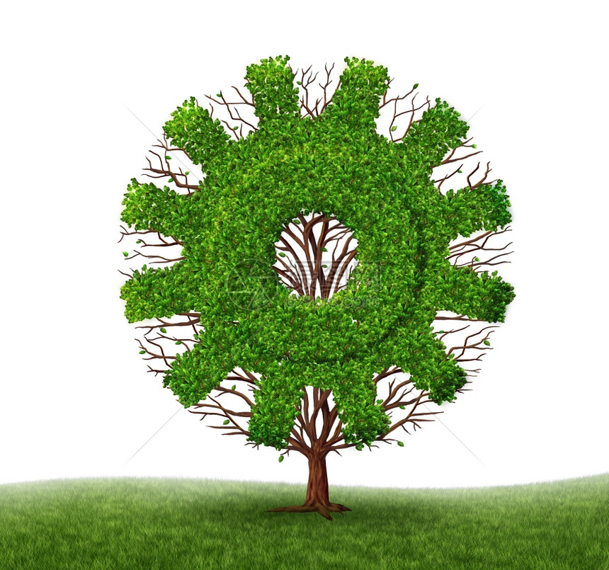 树和枝叶形状为机器设备或作为工业象征通过白背景的投资和领导作为金融成功的工业象征图片