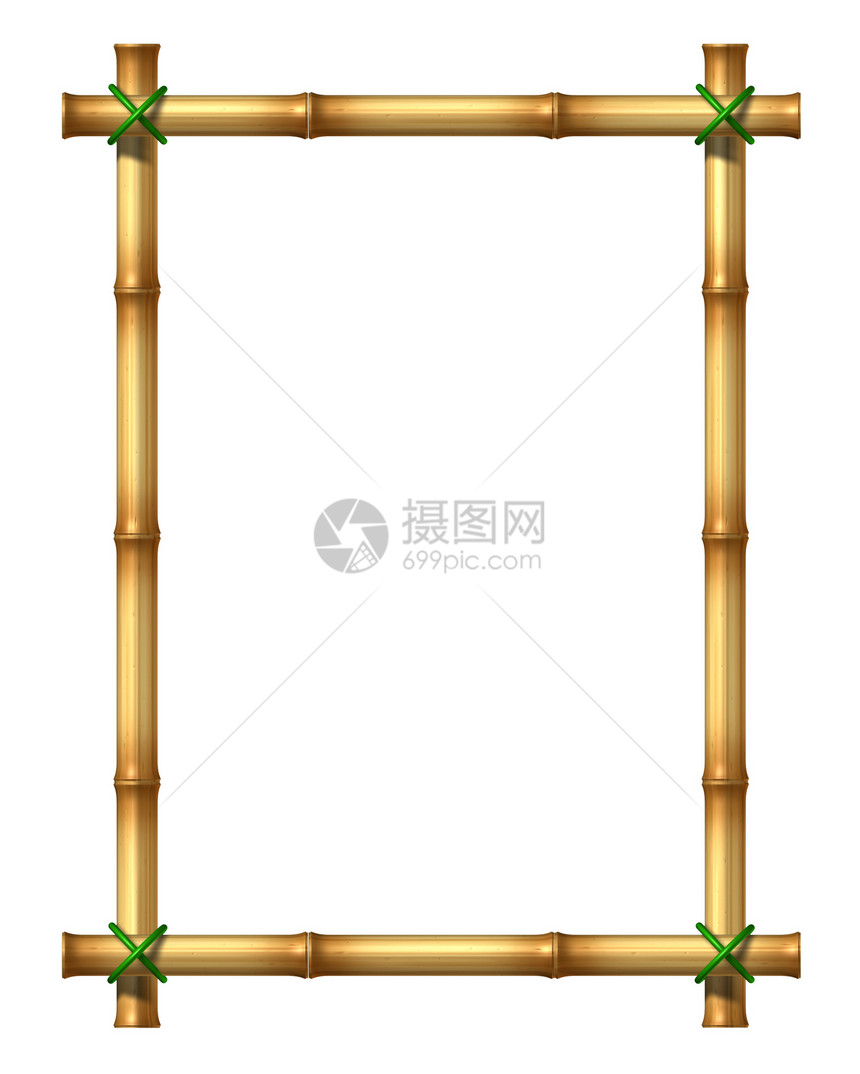 竹片空白框作为外来装饰热带气候设计要素用被绿草绳捆绑在孤立的白色背景上杆子制作图片