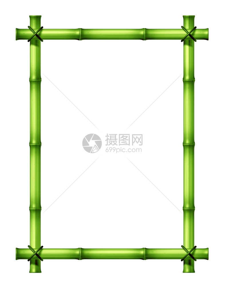 绿竹棒空白框作为外来装饰热带气候设计要素由用草绳捆绑在孤立的白色背景上杆子组成图片