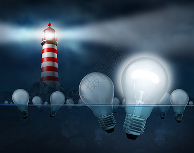 寻找最佳想法和发明成为应对经济挑战的商业解决方案灯塔闪烁一束光寻找水中的灯泡背景图片