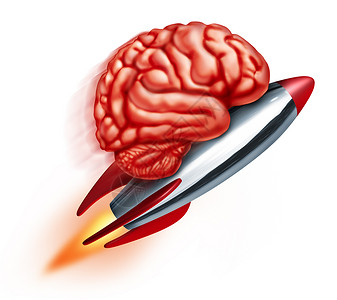 使用火箭和人脑在射弹上进行教育作为学习和改善白种背景思维功能的象征图片