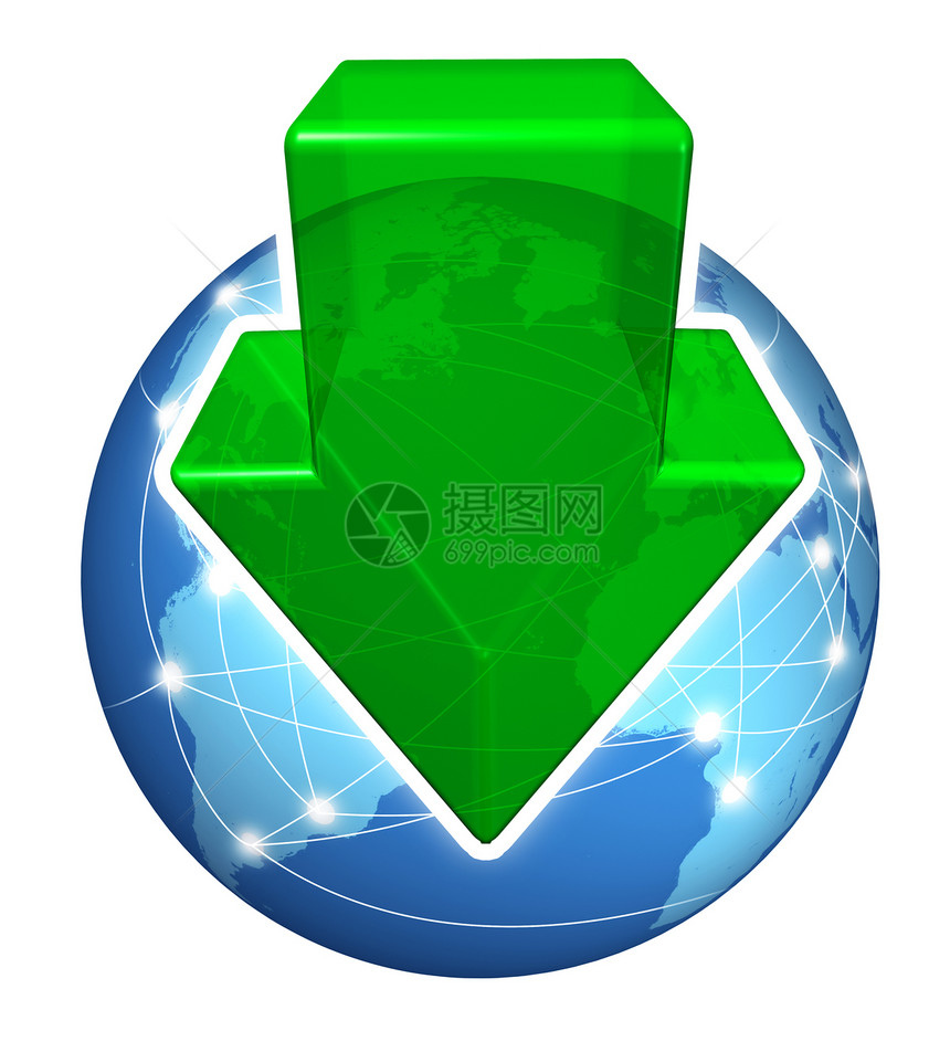 全球数字下载绿色箭头指向下地球国际连接以白色背景作为互联网商业图标图片