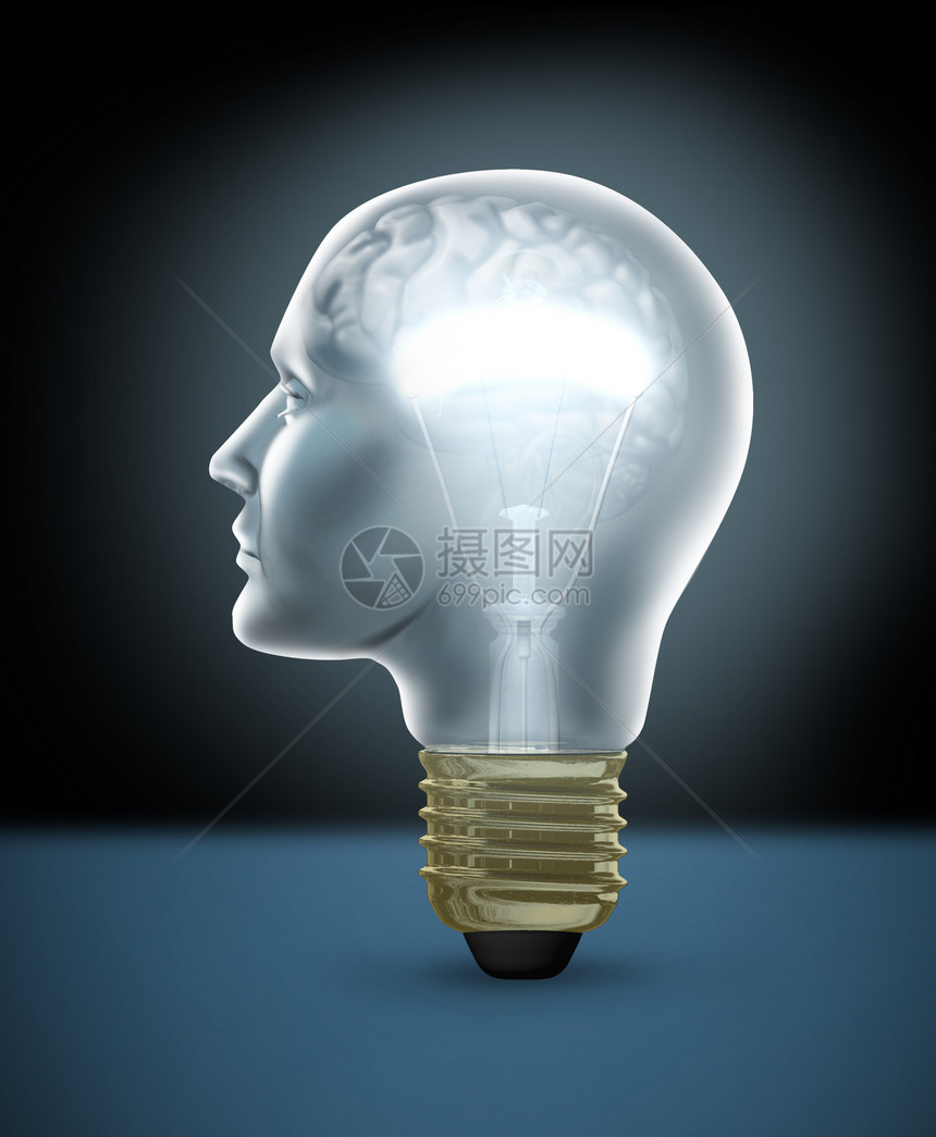 人类创造力概念其发光灯泡的形状是头部大脑在玻璃里露出一个大脑作为设定目标和商业成功的象征创新和思想是解决问题和回答的解决方案和答图片