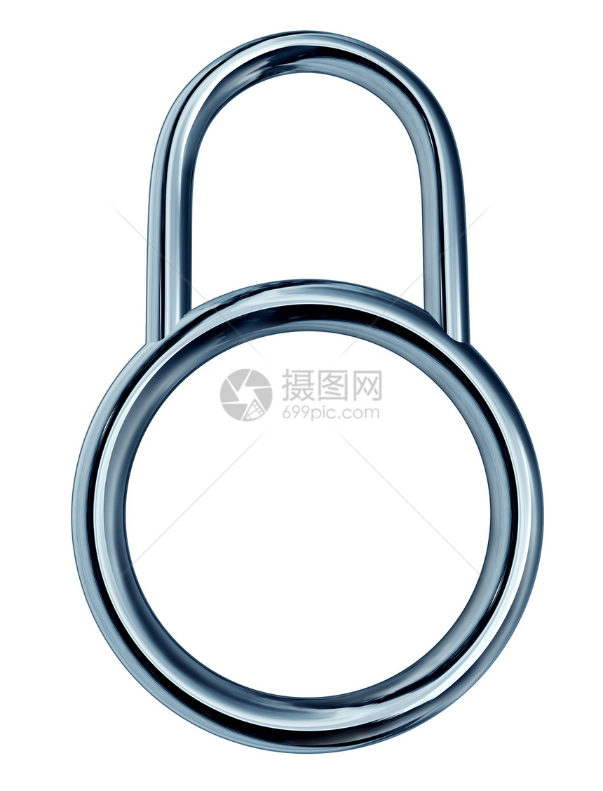 安全锁概念具有强大的金属铬安全设备图标环形空白区域作为互联网防火墙隐私的安全保护符号在白色背景中隔离图片