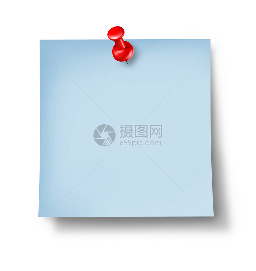 空白蓝办公室纸条或粘贴上面有白色背景的红大拇指作为商业备忘录或重要提醒的象征不要忘记信息或指示作为通信的象征图片