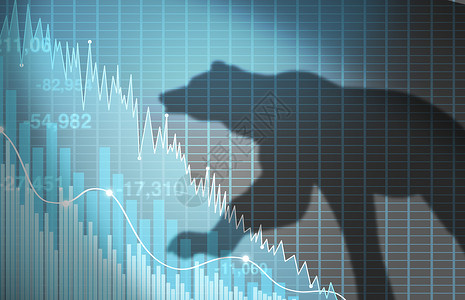 短路金融危机概念和股市下跌商业概念作为显示损失的经济图表用熊的阴影作为三个插图风格中损失和价下跌的隐喻背景