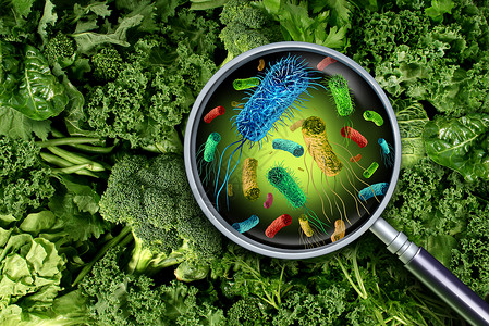 食物摄入蔬菜上的细菌和以及摄食受污染的绿色物健康风险包括作为产品安全概念3d的霉马素生菜产成分背景
