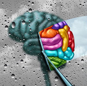 诵读作为灰色模糊的大脑创造力窗户上滴水作为擦拭器清除了混乱将创意思维作为自闭症和心理的象征并加上3d插图元素背景