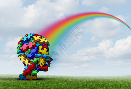 多动症中的神经元网络作为发育精神失常综合症作为儿童脑中的非语言交流行为以治疗和成功的希望彩虹作为三维插图背景