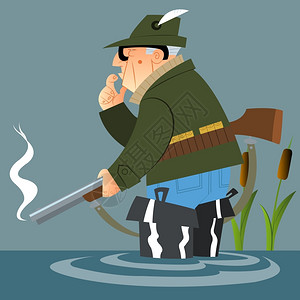 偷猎者在水中捕猎的老猎人插画