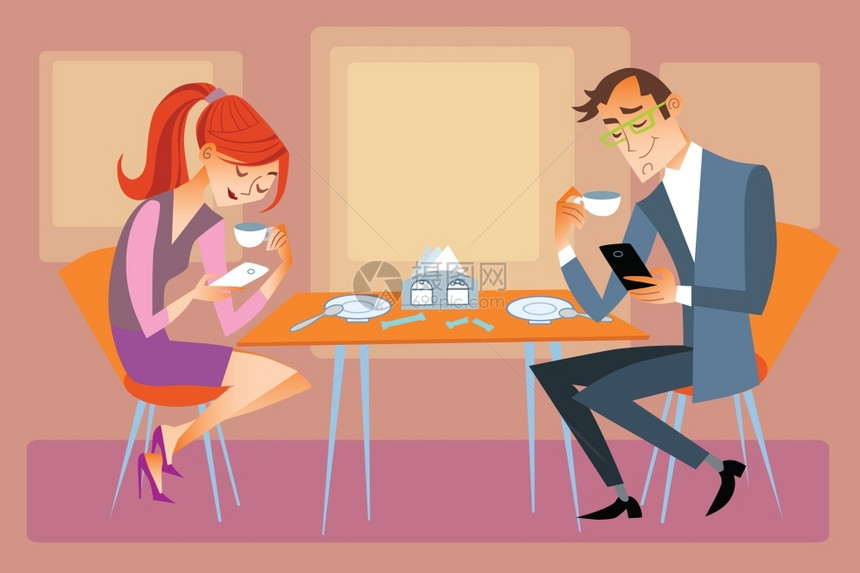 男人和女人在一起喝咖啡玩手机图片