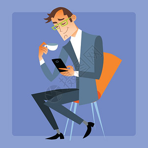 橘黄男人坐在椅子上喝茶看手机消息插画