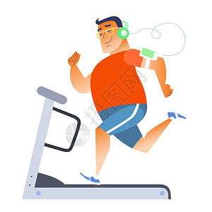 运动耳机素材在跑步机上听音乐的胖男人插画