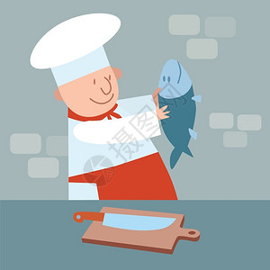 厨师利器刀具男厨师用新鲜鱼做食物插画