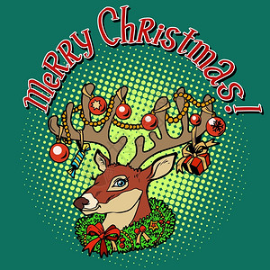 鲁道夫波普艺术圣诞节麋鹿头像插画
