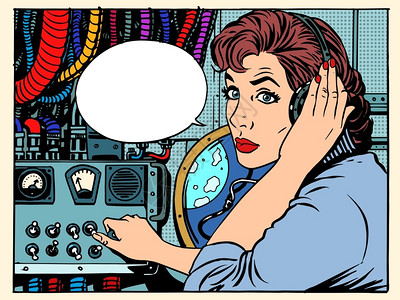 复古波普无线电通信控制中心女工作人员插画