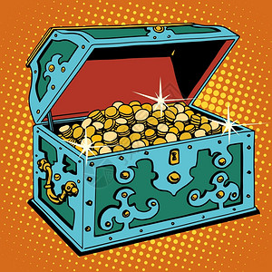 金币箱藏宝箱流行艺术和财宝冒险藏金币的宝箱插画