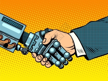 和机器人握手商务男士与机器人握手特写插画插画
