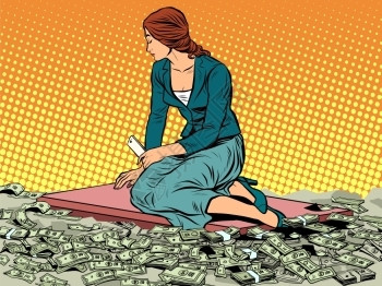 坐在钱上女人美女坐在金钱上复古卡通插画插画