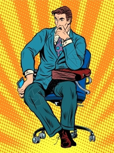 流行风格坐在椅子上深思熟虑的男商人插画