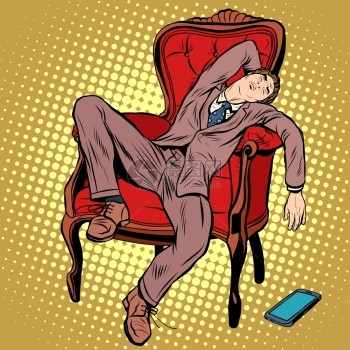 商人坐在椅子上睡觉休息复古卡通插画图片