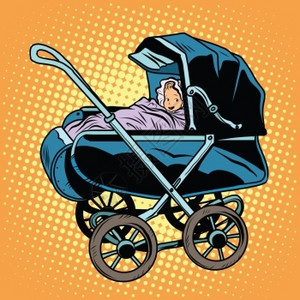推婴儿的素材波普风卡通推车里的婴儿插画