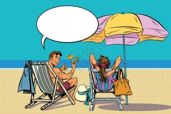 滨水区美丽的波普风美丽的夫妇在海滩上休息矢量插图插画