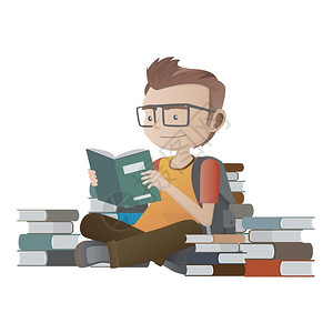 戴眼镜的男孩在书堆里读书高清图片