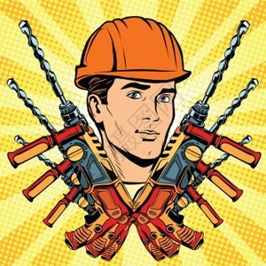 男建筑工人和电钻量插画图片