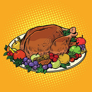 滑鸡饭感恩节的炸火鸡饭流行艺术反向矢量说明插画