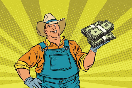 一捆钱戴牛仔帽的农民和银行贷款插画