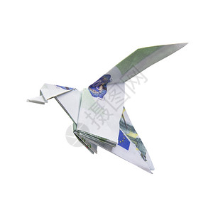 白底钞纸上的折鸟背景图片