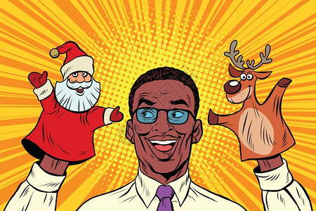 比划圣诞节木偶剧的非裔男子图片