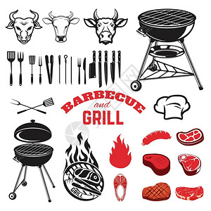 牛头厨房工具牛排生肉烤鱼矢量插图背景图片