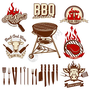 烧烤工具元素烧烤标签的一套设计要素一套厨房工具矢量图插画