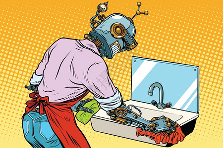 餐厅机器人矢量风打扫卫生的机器人插画