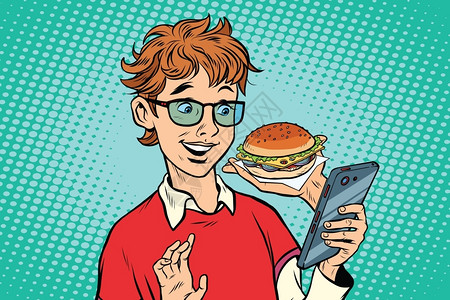小汉堡青少年使用智能手机应程序点餐插画