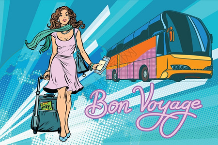 旅行路线美女拉着行李乘坐客车大巴车去旅行插画