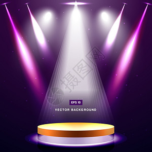 紫色舞台灯光紫色背景上有聚光灯和恒星的金色舞台元素插画