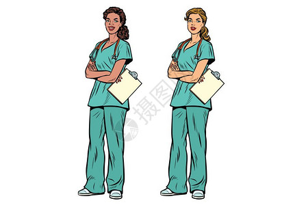 美国护士非裔护士和白人护士插画