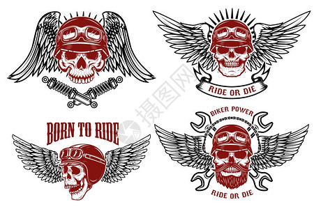 复古风格头骨一组带有赛车头骨的徽章自行车俱乐部标签矢量插图插画