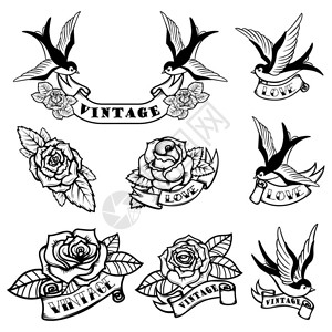 纹身店一套带有燕子和玫瑰的纹身模板插画